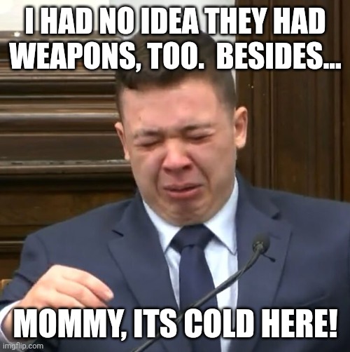 Kyle Rittenhouse Crying | I HAD NO IDEA THEY HAD WEAPONS, TOO.  BESIDES... MOMMY, ITS COLD HERE! | image tagged in kyle rittenhouse crying | made w/ Imgflip meme maker