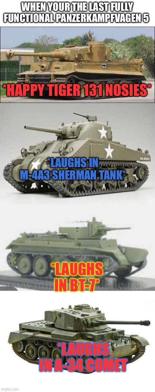 WHEN YOUR THE LAST FULLY FUNCTIONAL PANZERKAMPFVAGEN 5; *HAPPY TIGER 131 NOSIES*; *LAUGHS IN M-4A3 SHERMAN TANK*; *LAUGHS IN BT-7*; *LAUGHS IN A-34 COMET | image tagged in tiger tank | made w/ Imgflip meme maker