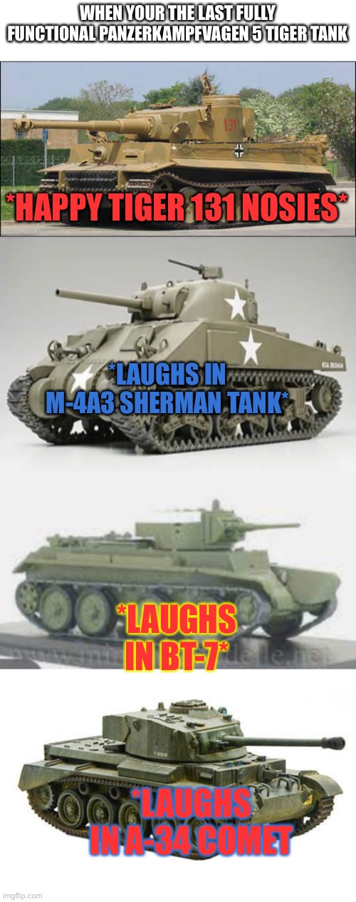 WHEN YOUR THE LAST FULLY FUNCTIONAL PANZERKAMPFVAGEN 5 TIGER TANK; *HAPPY TIGER 131 NOSIES*; *LAUGHS IN M-4A3 SHERMAN TANK*; *LAUGHS IN BT-7*; *LAUGHS IN A-34 COMET | image tagged in tiger tank,pathetic,laughs | made w/ Imgflip meme maker