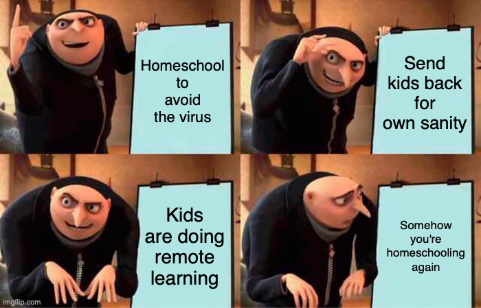 gru | Homeschool to avoid the virus; Send kids back for own sanity; Kids are doing remote learning; Somehow you're homeschooling again | image tagged in memes,gru's plan | made w/ Imgflip meme maker
