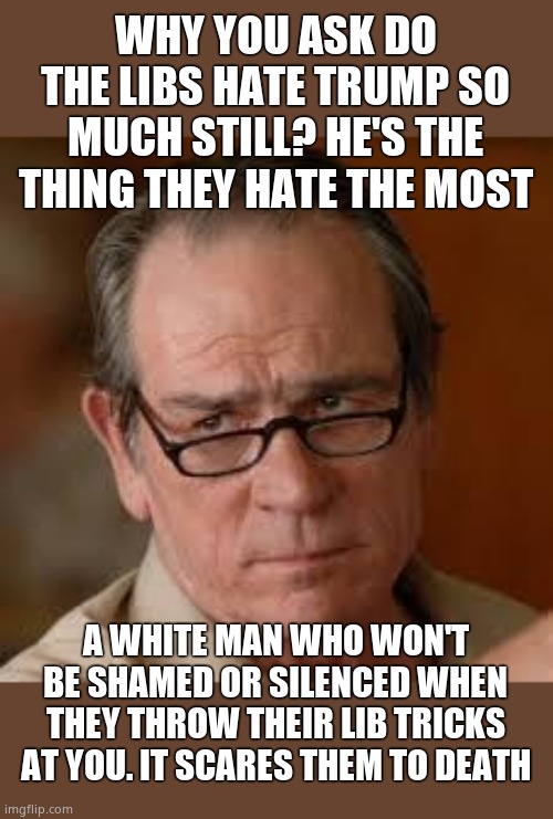 It's why they FEAR Trump. | WHY YOU ASK DO THE LIBS HATE TRUMP SO MUCH STILL? HE'S THE THING THEY HATE THE MOST; A WHITE MAN WHO WON'T BE SHAMED OR SILENCED WHEN THEY THROW THEIR LIB TRICKS AT YOU. IT SCARES THEM TO DEATH | image tagged in my face when someone asks a stupid question,donald trump,crybaby racists | made w/ Imgflip meme maker