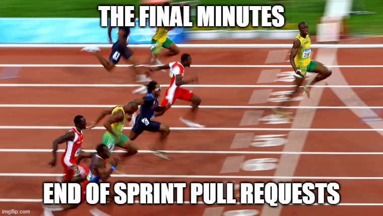 End of sprint pull requests | THE FINAL MINUTES; END OF SPRINT PULL REQUESTS | image tagged in software,development,pullrequest,sprint end,end of sprint | made w/ Imgflip meme maker