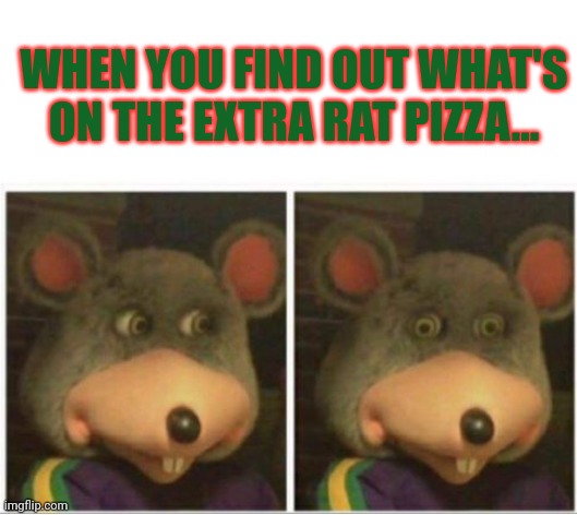 chuck e cheese rat stare | WHEN YOU FIND OUT WHAT'S ON THE EXTRA RAT PIZZA... | image tagged in chuck e cheese rat stare | made w/ Imgflip meme maker