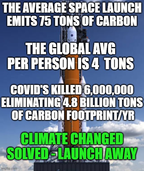 Climate Change Solved | COVID'S KILLED 6,000,000 ELIMINATING 4.8 BILLION TONS
 OF CARBON FOOTPRINT/YR; CLIMATE CHANGED SOLVED - LAUNCH AWAY | image tagged in carbon footprint,climate change | made w/ Imgflip meme maker