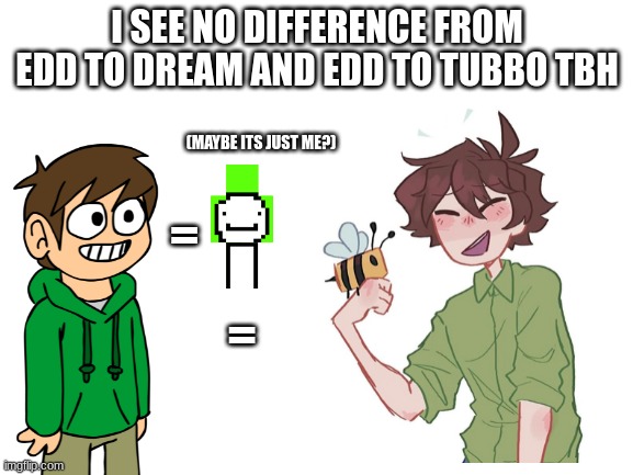 Tell me what you think |  I SEE NO DIFFERENCE FROM EDD TO DREAM AND EDD TO TUBBO TBH; (MAYBE ITS JUST ME?); =; = | image tagged in blank white template,eddsworld,dream smp | made w/ Imgflip meme maker