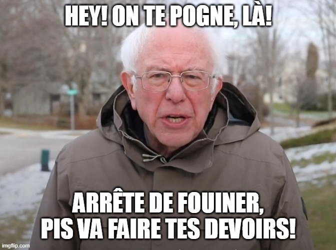 Bernie Sanders Once Again Asking | HEY! ON TE POGNE, LÀ! ARRÊTE DE FOUINER, PIS VA FAIRE TES DEVOIRS! | image tagged in bernie sanders once again asking | made w/ Imgflip meme maker