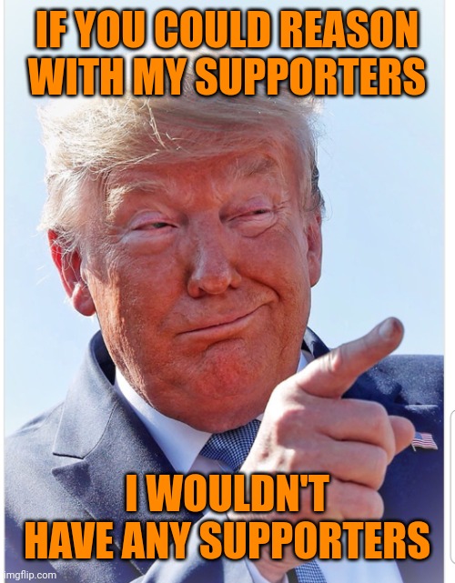 Trump pointing | IF YOU COULD REASON WITH MY SUPPORTERS; I WOULDN'T HAVE ANY SUPPORTERS | image tagged in trump pointing | made w/ Imgflip meme maker