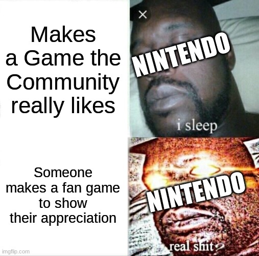 Nintendo be Like | Makes a Game the Community really likes; NINTENDO; Someone makes a fan game to show their appreciation; NINTENDO | image tagged in memes,sleeping shaq | made w/ Imgflip meme maker