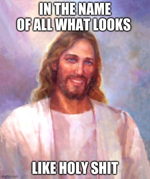 Smiling Jesus |  IN THE NAME OF ALL WHAT LOOKS; LIKE HOLY SHIT | image tagged in memes,smiling jesus | made w/ Imgflip meme maker