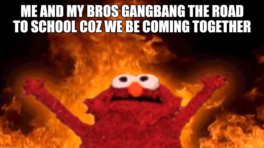 elmo fire | ME AND MY BROS GANGBANG THE ROAD TO SCHOOL COZ WE BE COMING TOGETHER | image tagged in elmo fire | made w/ Imgflip meme maker