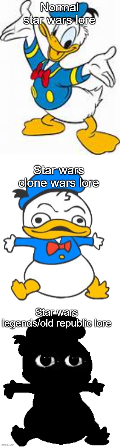 Yep, i'm still milking this donald duck template. Just like disney is milking star wars B) | Normal star wars lore; Star wars clone wars lore; Star wars legends/old republic lore | image tagged in donald duck,star wars | made w/ Imgflip meme maker