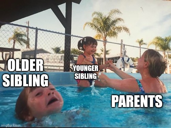 Isn't the older sibling supposed to be more responsible? | OLDER SIBLING; YOUNGER SIBLING; PARENTS | image tagged in drowning kid in the pool | made w/ Imgflip meme maker