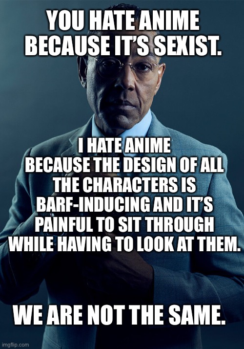 Dear Elyse (mod note: yeah we all hate her) |  YOU HATE ANIME BECAUSE IT’S SEXIST. I HATE ANIME BECAUSE THE DESIGN OF ALL THE CHARACTERS IS BARF-INDUCING AND IT’S PAINFUL TO SIT THROUGH WHILE HAVING TO LOOK AT THEM. WE ARE NOT THE SAME. | image tagged in gus fring we are not the same | made w/ Imgflip meme maker
