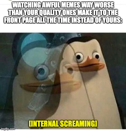 internal screaming | WATCHING AWFUL MEMES WAY WORSE THAN YOUR QUALITY ONES MAKE IT TO THE FRONT PAGE ALL THE TIME INSTEAD OF YOURS:; [INTERNAL SCREAMING] | image tagged in madagascar meme | made w/ Imgflip meme maker