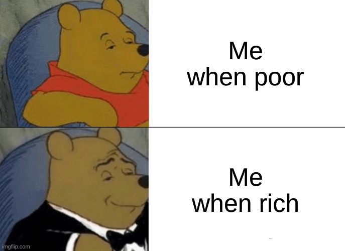 i need more money like a lot lot lot lot lot lot lot lot lot money | Me when poor; Me when rich | image tagged in memes,tuxedo winnie the pooh | made w/ Imgflip meme maker