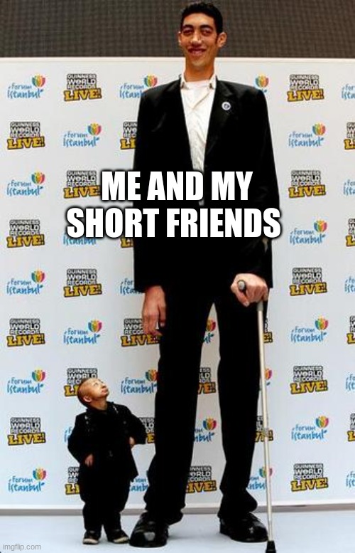 Idk- havent posted in a while | ME AND MY SHORT FRIENDS | image tagged in the tallest and shortest man in the world | made w/ Imgflip meme maker