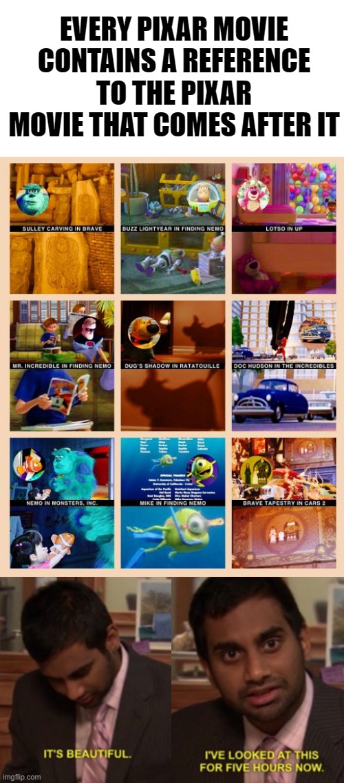 Mind Blown |  EVERY PIXAR MOVIE CONTAINS A REFERENCE TO THE PIXAR MOVIE THAT COMES AFTER IT | image tagged in i've looked at this for 5 hours now,pixar,finding nemo,monsters inc,cars,toy story | made w/ Imgflip meme maker