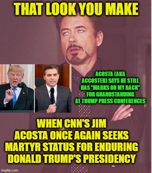 Jim Acosta's Martyr Complex Makes a Comeback | THAT LOOK YOU MAKE; ACOSTA (AKA ACCOSTER) SAYS HE STILL HAS "MARKS ON MY BACK" FOR GRANDSTANDING AT TRUMP PRESS CONFERENCES; WHEN CNN'S JIM ACOSTA ONCE AGAIN SEEKS MARTYR STATUS FOR ENDURING DONALD TRUMP'S PRESIDENCY | image tagged in face you make robert downey jr,jim acosta,donald j trump,martyr complex | made w/ Imgflip meme maker