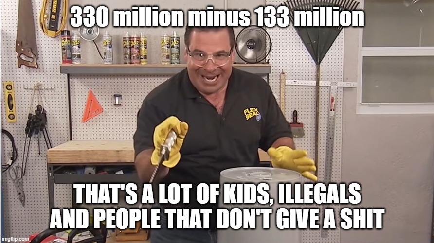 Phil Swift That's A Lotta Damage (Flex Tape/Seal) | 330 million minus 133 million THAT'S A LOT OF KIDS, ILLEGALS AND PEOPLE THAT DON'T GIVE A SHIT | image tagged in phil swift that's a lotta damage flex tape/seal | made w/ Imgflip meme maker