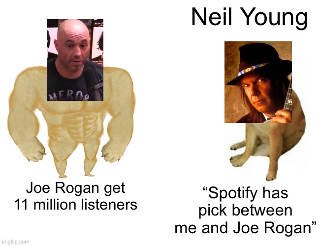 Buff Doge vs. Cheems Meme | Neil Young; “Spotify has pick between me and Joe Rogan”; Joe Rogan get 11 million listeners | image tagged in memes,buff doge vs cheems,joe rogan,spotify | made w/ Imgflip meme maker