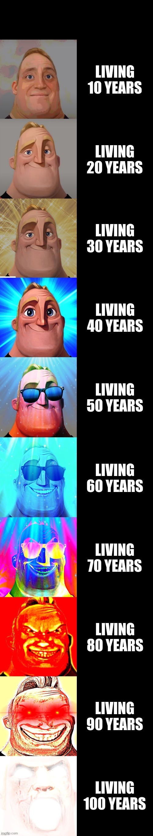 mr incredible becoming canny | LIVING 10 YEARS; LIVING 20 YEARS; LIVING 30 YEARS; LIVING 40 YEARS; LIVING 50 YEARS; LIVING 60 YEARS; LIVING 70 YEARS; LIVING 80 YEARS; LIVING 90 YEARS; LIVING 100 YEARS | image tagged in mr incredible becoming canny | made w/ Imgflip meme maker