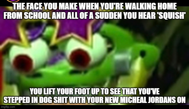 FNAF-Security Breach |  THE FACE YOU MAKE WHEN YOU'RE WALKING HOME FROM SCHOOL AND ALL OF A SUDDEN YOU HEAR 'SQUISH'; YOU LIFT YOUR FOOT UP TO SEE THAT YOU'VE STEPPED IN DOG SHIT WITH YOUR NEW MICHEAL JORDANS ON | image tagged in relatable,too funny | made w/ Imgflip meme maker
