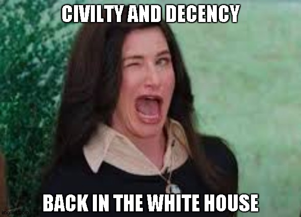 Agatha Harkness wink | CIVILTY AND DECENCY BACK IN THE WHITE HOUSE | image tagged in agatha harkness wink | made w/ Imgflip meme maker