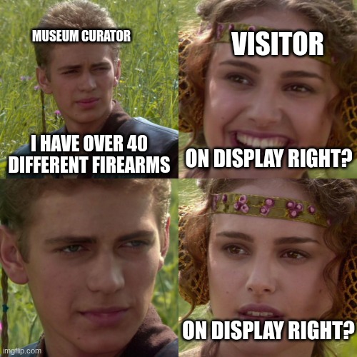anikin padme |  MUSEUM CURATOR; VISITOR; I HAVE OVER 40 DIFFERENT FIREARMS; ON DISPLAY RIGHT? ON DISPLAY RIGHT? | image tagged in anikin padme | made w/ Imgflip meme maker