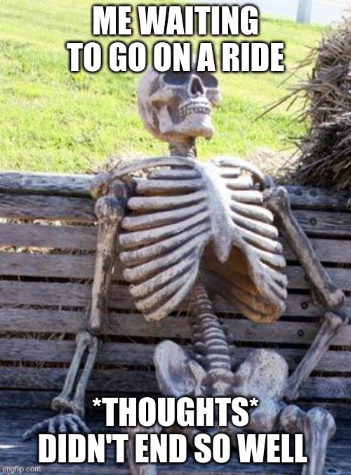 Waiting Skeleton | ME WAITING TO GO ON A RIDE; *THOUGHTS* DIDN'T END SO WELL | image tagged in memes,waiting skeleton | made w/ Imgflip meme maker