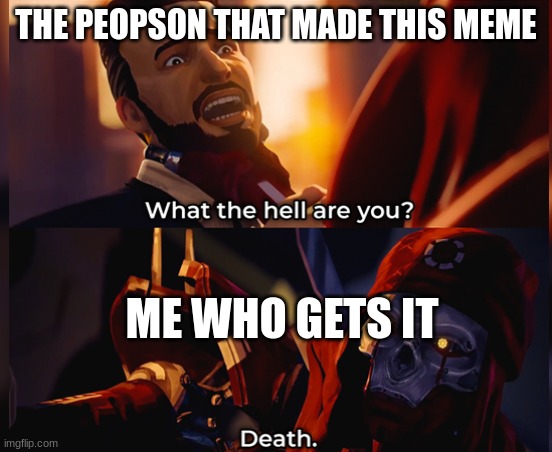 What the hell are you? Death | THE PEOPSON THAT MADE THIS MEME ME WHO GETS IT | image tagged in what the hell are you death | made w/ Imgflip meme maker