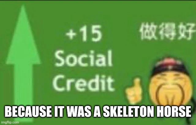 +15 social credit | BECAUSE IT WAS A SKELETON HORSE | image tagged in 15 social credit | made w/ Imgflip meme maker