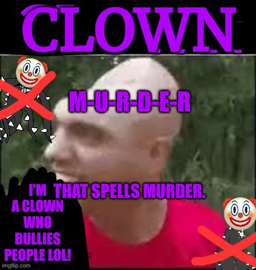 Spike Clown | M-U-R-D-E-R; THAT SPELLS MURDER. | image tagged in spike clown | made w/ Imgflip meme maker