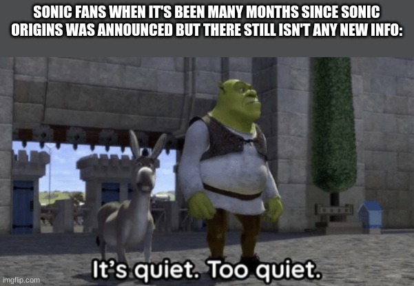 what's the hold up? | SONIC FANS WHEN IT'S BEEN MANY MONTHS SINCE SONIC ORIGINS WAS ANNOUNCED BUT THERE STILL ISN'T ANY NEW INFO: | image tagged in it s quiet too quiet shrek,sonic | made w/ Imgflip meme maker