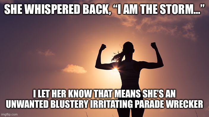 Strong Woman | SHE WHISPERED BACK, “I AM THE STORM…”; I LET HER KNOW THAT MEANS SHE’S AN UNWANTED BLUSTERY IRRITATING PARADE WRECKER | image tagged in strong woman | made w/ Imgflip meme maker