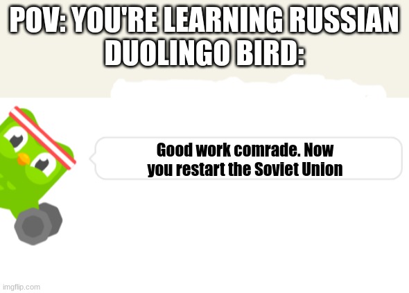 Oh no! I restarted the soviet union | POV: YOU'RE LEARNING RUSSIAN
DUOLINGO BIRD:; Good work comrade. Now you restart the Soviet Union | image tagged in fun,duolingo bird,memes,funny memes,russia | made w/ Imgflip meme maker