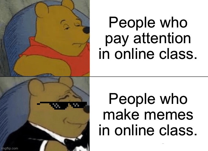Online Class be like (part 2) | People who pay attention in online class. People who make memes in online class. | image tagged in memes,tuxedo winnie the pooh | made w/ Imgflip meme maker