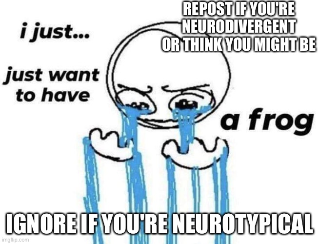 (note: neurodivergent means your brain "diverges" from the average brain and it may function in a different way) | REPOST IF YOU'RE NEURODIVERGENT OR THINK YOU MIGHT BE; IGNORE IF YOU'RE NEUROTYPICAL | image tagged in i just want to have a frog | made w/ Imgflip meme maker