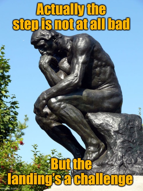 The Thinker | Actually the step is not at all bad But the landing’s a challenge | image tagged in the thinker | made w/ Imgflip meme maker