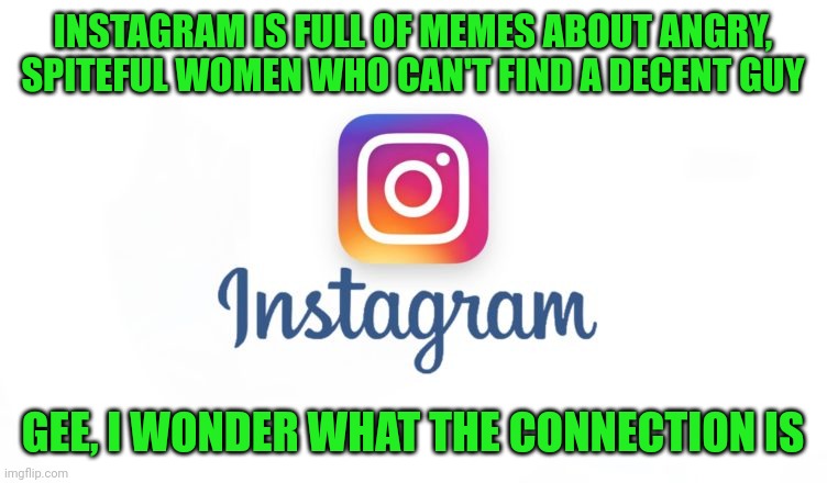 Be what you want to attract, it's not hard | INSTAGRAM IS FULL OF MEMES ABOUT ANGRY, SPITEFUL WOMEN WHO CAN'T FIND A DECENT GUY; GEE, I WONDER WHAT THE CONNECTION IS | image tagged in instagram,spiteful chicks | made w/ Imgflip meme maker