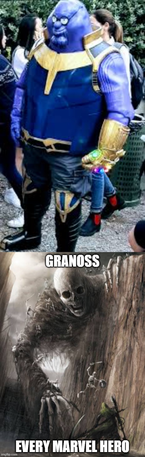Friend: there is no cosplays better than the char... | GRANOSS; EVERY MARVEL HERO | image tagged in man fighting giant skeleton,marvel,memes,family guy | made w/ Imgflip meme maker