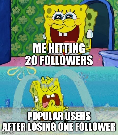 no tags. too lazy to add any | ME HITTING 20 FOLLOWERS; POPULAR USERS AFTER LOSING ONE FOLLOWER | image tagged in spongebob happy and sad,unnecessary tags | made w/ Imgflip meme maker