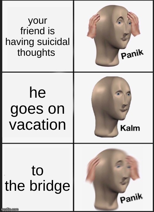 Panik Kalm Panik | your friend is having suicidal thoughts; he goes on vacation; to the bridge | image tagged in memes,panik kalm panik | made w/ Imgflip meme maker