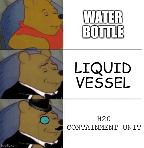 Ah yes. The drinking jar |  WATER BOTTLE; LIQUID VESSEL; H20 CONTAINMENT UNIT | image tagged in tuxedo winnie the pooh 3 panel,water bottle | made w/ Imgflip meme maker