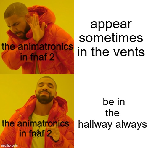 Drake Hotline Bling Meme | appear sometimes in the vents; the animatronics in fnaf 2; be in the hallway always; the animatronics in fnaf 2 | image tagged in memes,drake hotline bling | made w/ Imgflip meme maker