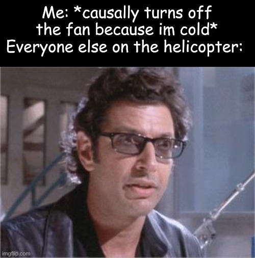 Jeff Goldblum | Me: *causally turns off the fan because im cold*
Everyone else on the helicopter: | image tagged in jeff goldblum,uh oh,dark humor,oh wow are you actually reading these tags,memes,fun | made w/ Imgflip meme maker
