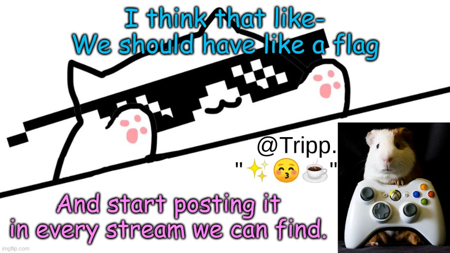 @Tripp.'s VERY AWESOME TEMP! :D | I think that like- We should have like a flag; And start posting it in every stream we can find. | image tagged in tripp 's very awesome temp d | made w/ Imgflip meme maker