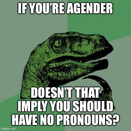 Philosoraptor Meme | IF YOU’RE AGENDER; DOESN’T THAT IMPLY YOU SHOULD HAVE NO PRONOUNS? | image tagged in memes,philosoraptor | made w/ Imgflip meme maker