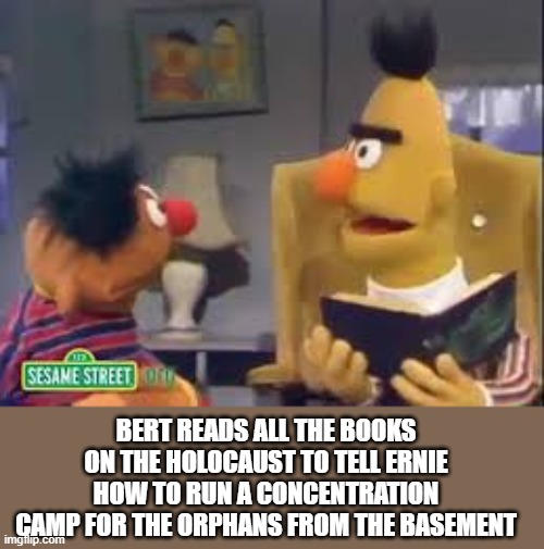 . | BERT READS ALL THE BOOKS ON THE HOLOCAUST TO TELL ERNIE HOW TO RUN A CONCENTRATION CAMP FOR THE ORPHANS FROM THE BASEMENT | made w/ Imgflip meme maker