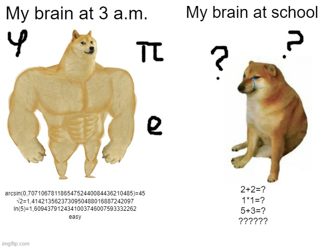 math | My brain at 3 a.m. My brain at school; arcsin(0,70710678118654752440084436210485)=45
√2=1,4142135623730950488016887242097
ln(5)=1,6094379124341003746007593332262
easy; 2+2=?
1*1=?
5+3=?
?????? | image tagged in memes,buff doge vs cheems | made w/ Imgflip meme maker