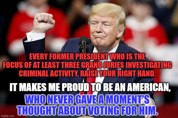 Stop The Schlemiel! | EVERY FORMER PRESIDENT WHO IS THE FOCUS OF AT LEAST THREE GRAND JURIES INVESTIGATING CRIMINAL ACTIVITY, RAISE YOUR RIGHT HAND. IT MAKES ME PROUD TO BE AN AMERICAN, WHO NEVER GAVE A MOMENT'S THOUGHT ABOUT VOTING FOR HIM. | image tagged in politics | made w/ Imgflip meme maker